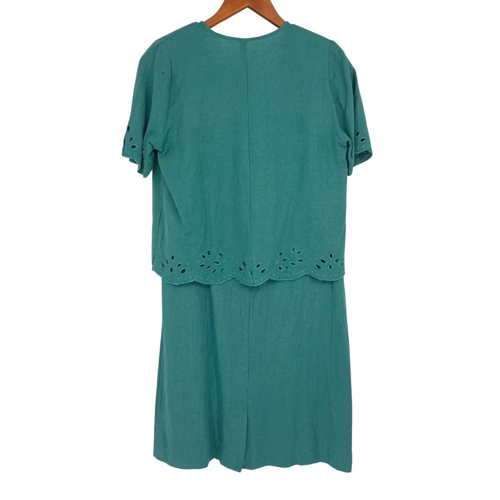 Vintage Y2K Coldwater Creek Jacket‎ Dress Set Medium Teal Eyelet Linen Blend